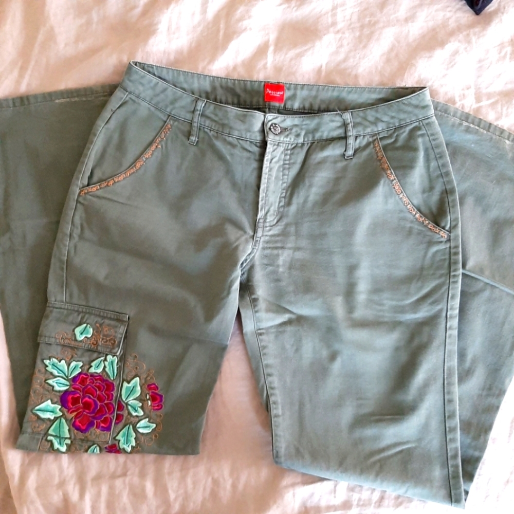 Boho Floral Embroidered Sage Green Pants.